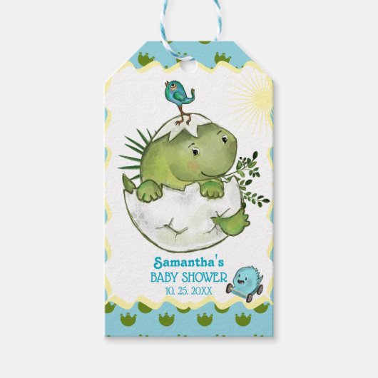 水彩ハッチングディノベビースシャワーメッセージカード ギフトタグ (正面)