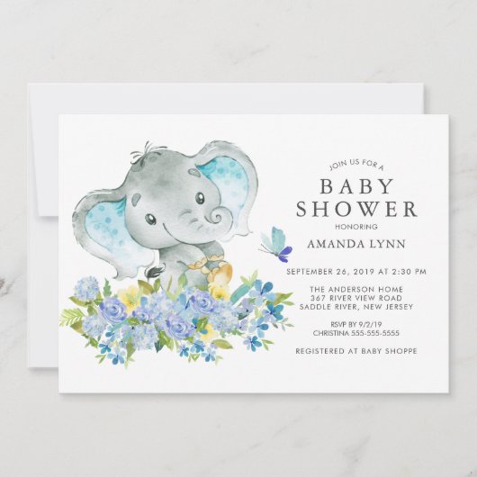 水彩ハッピーエレファント男の赤ちゃんシャワー 招待状 (正面)