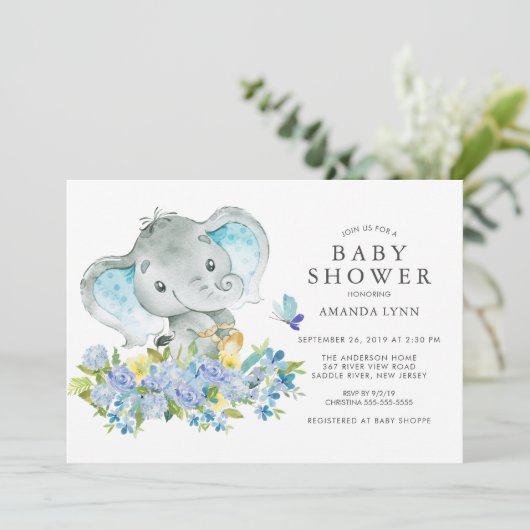 水彩ハッピーエレファント男の赤ちゃんシャワー 招待状 (スタンド正面)