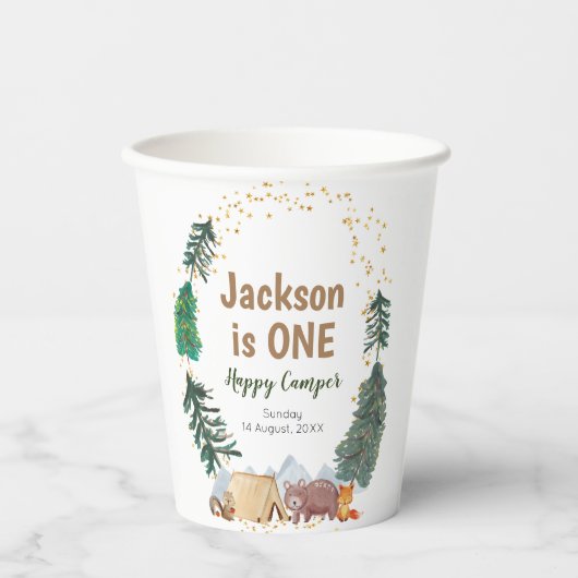 水彩ハッピーキャンパー第1誕生日紙カップ 紙コップ (正面)