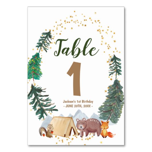 水彩ハッピーキャンパー1歳の誕生日表番号 テーブルナンバー (正面)