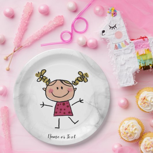 水彩ハッピースティックガールピンクドレエレガントス ペーパープレート (パーティー)