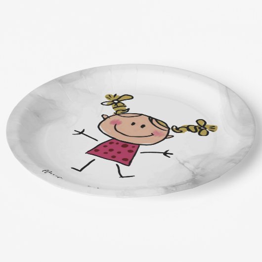 水彩ハッピースティックガールピンクドレエレガントス ペーパープレート (アングル)