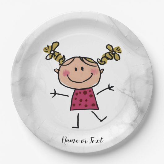 水彩ハッピースティックガールピンクドレエレガントス ペーパープレート (正面)