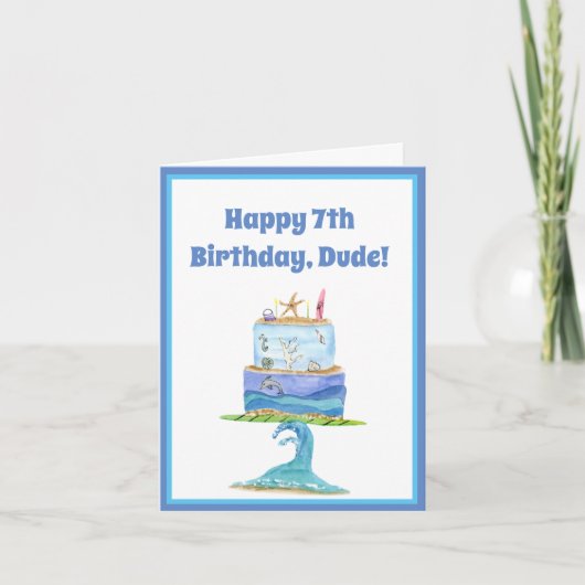 水彩ハッピーセブン誕生日サーファーケーキカード カード (正面)