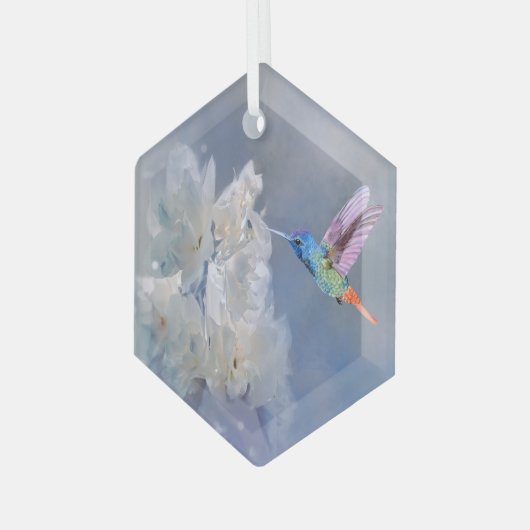 水彩ハミングバードホワイトガーデンフラワー ガラスオーナメント (正面左)