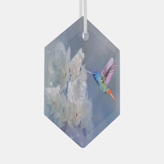 水彩ハミングバードホワイトガーデンフラワー ガラスオーナメント (正面右)