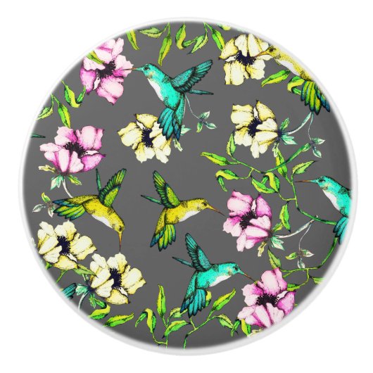 水彩ハミングバード&フラワーズ セラミックノブ (正面)