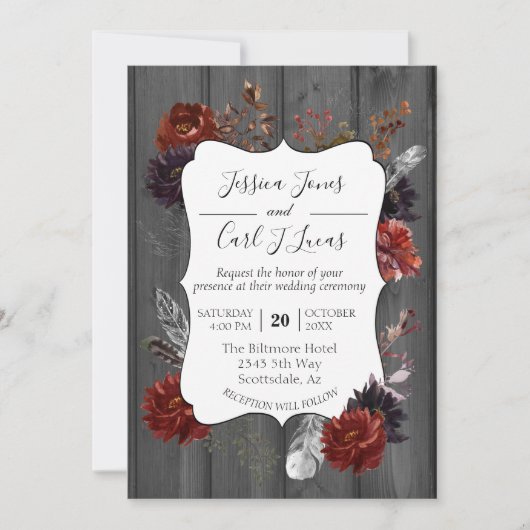 水彩ハロウィンエレガントフローラウッドブルゴーニュ 招待状 (正面)