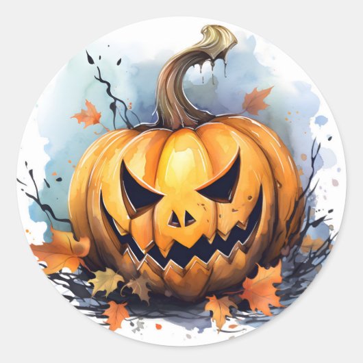 水彩ハロウィンカボチャ ラウンドシール (正面)