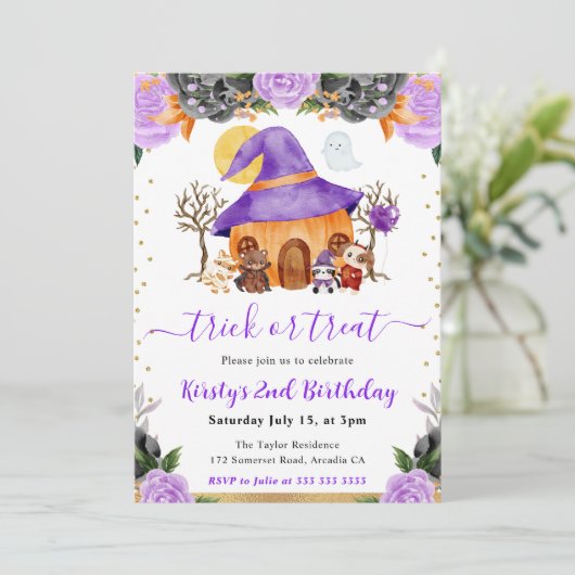 水彩ハロウィン動物の誕生日パーティー 招待状 (スタンド正面)