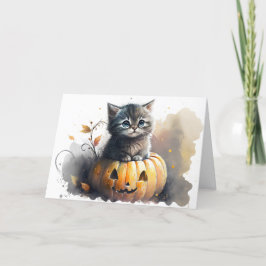 水彩ハロウィン子猫がジャック・オ・ランタンの中に シーズンカード