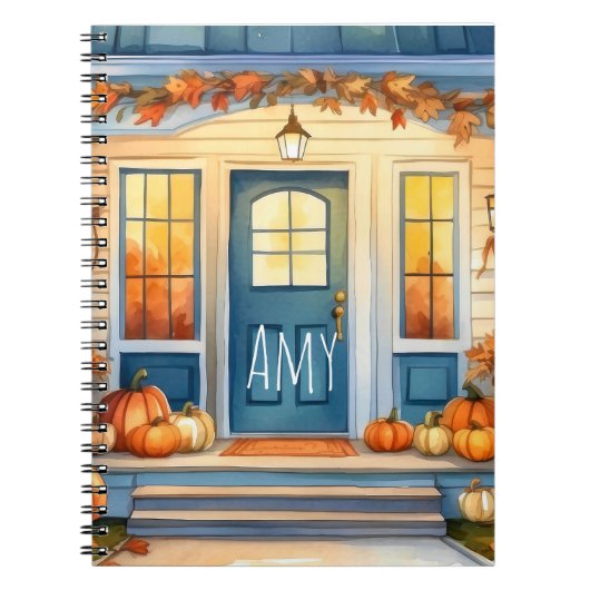 水彩ハロウィン秋の落ち葉とカボチャ ノートブック (正面)