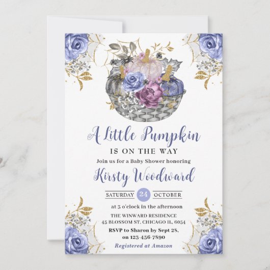 水彩ハロウィン花モチーフのパンプキン ベビーシャワー 招待状 (正面)