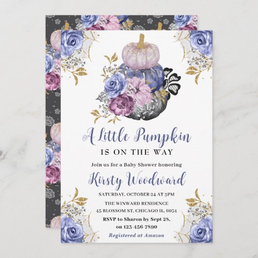 水彩ハロウィーンフローラカボチャ赤ちゃんシャワー 招待状 (正面/裏面)