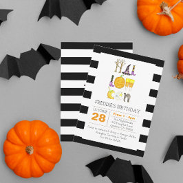 水彩ハロウィーンブラックアンドホワイト誕生日 招待状