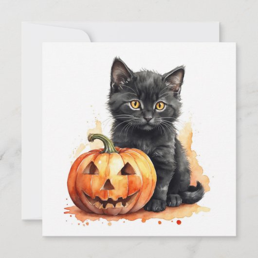 水彩ハロウィーンブラックキャットとカボチャ シーズンカード (正面)
