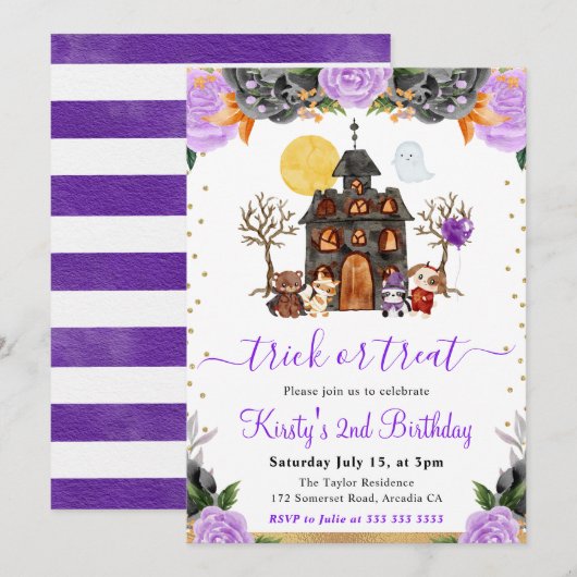 水彩ハロウィーン動物の誕生日パーティー 招待状 (正面/裏面)