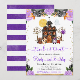 水彩ハロウィーン動物の誕生日パーティー 招待状