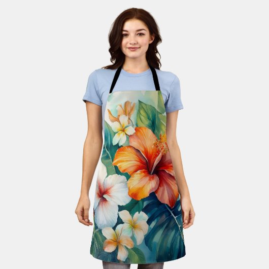 水彩ハワイアンガーデントロピカルハイビスカス エプロン (着用した状態)