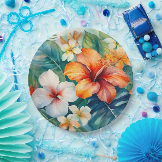 水彩ハワイアンガーデントロピカルハイビスカス ペーパープレート (パーティー)