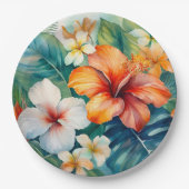 水彩ハワイアンガーデントロピカルハイビスカス ペーパープレート (正面)