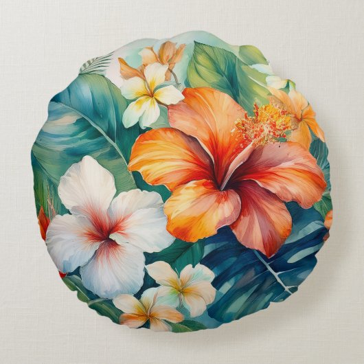 水彩ハワイアンガーデントロピカルハイビスカス ラウンドクッション (裏面)