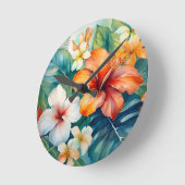 水彩ハワイアンガーデントロピカルハイビスカス ラウンド壁時計 (傾斜)