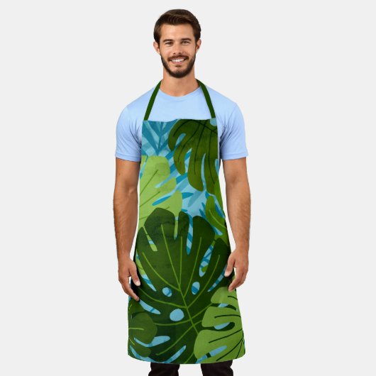 水彩ハワイアンモンステラリーフトロピカルグリーン エプロン (着用した状態)
