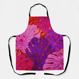 水彩ハワイアン モンステラの葉 トロピカル - 赤 エプロン