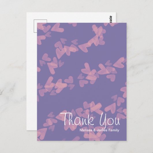 水彩ハートが浮かぶピンクとパープルのありがとうカード ポストカード (正面/裏面)
