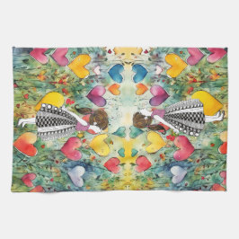 水彩ハートと小さな女の子1/2折り キッチンタオル