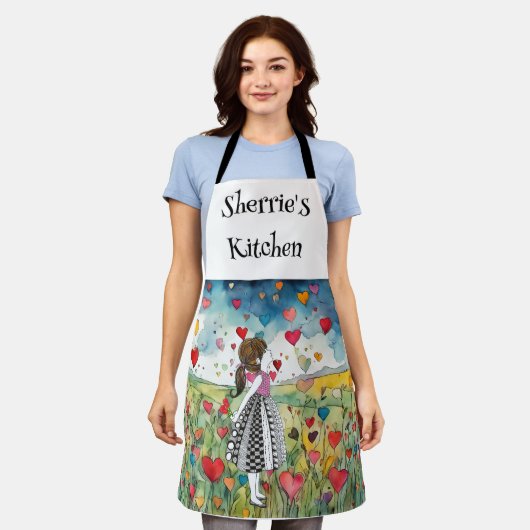 水彩ハートと小さな女の子 エプロン (着用した状態)