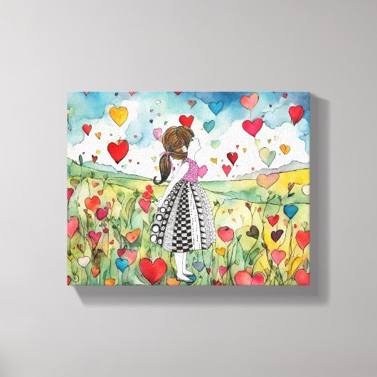 水彩ハートと小さな女の子 キャンバスプリント (正面)