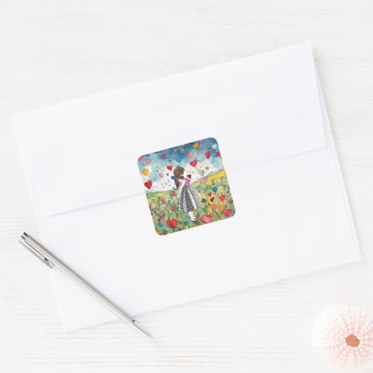 水彩ハートと小さな女の子 スクエアシール (封筒)