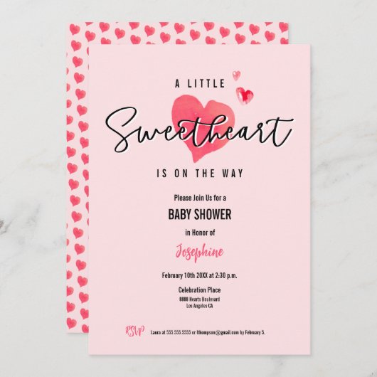 水彩ハートの小さな愛らしいピンクのシャワー 招待状 (正面/裏面)