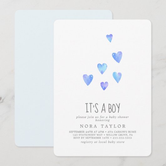 水彩ハートの男の子ベビーシャワー 招待状 (正面/裏面)