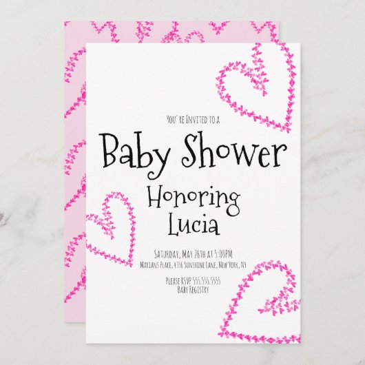 水彩ハートスタンプの花輪ラブベイビーシャワー 招待状 (正面/裏面)