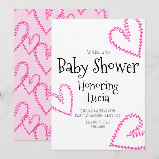 水彩ハートスタンプの花輪 ラブベイビーシャワー 招待状 (正面/裏面)