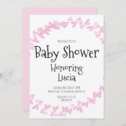 水彩ハートスタンプリースベビーシャワー 招待状 (正面/裏面)