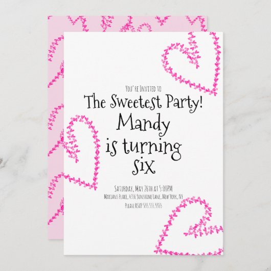 水彩ハートスタンプリースラブ誕生日 招待状 (正面/裏面)