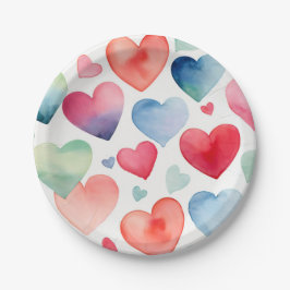 水彩ハートパターン ペーパープレート