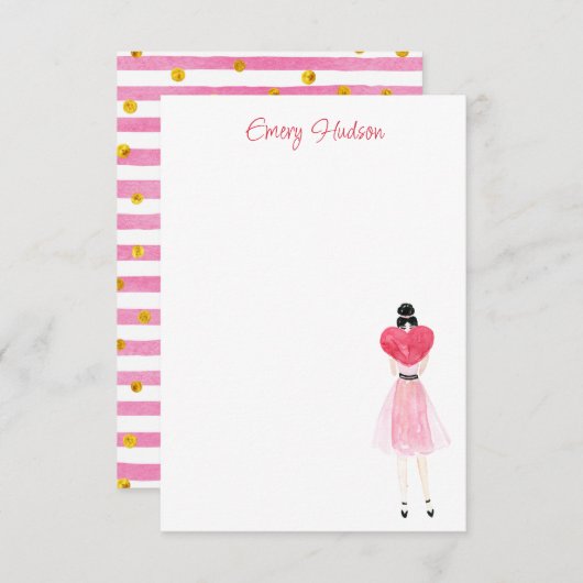 水彩ハートファッション女の子 サンキューカード (正面/裏面)