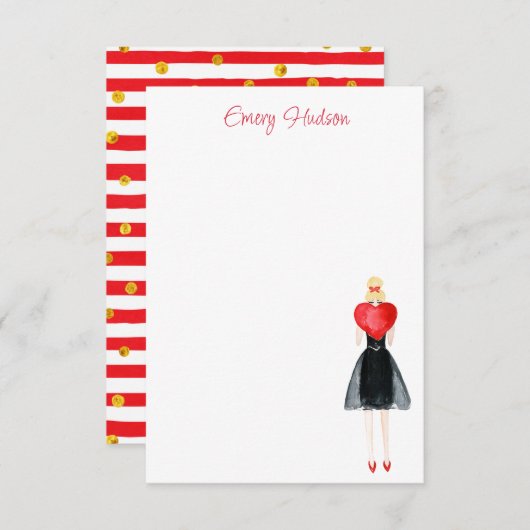 水彩ハートファッション女の子 サンキューカード (正面/裏面)