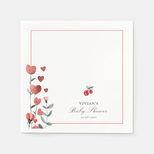 水彩ハートフローラさくらんぼオントップベビーシャワー スタンダードカクテルナプキン (正面)