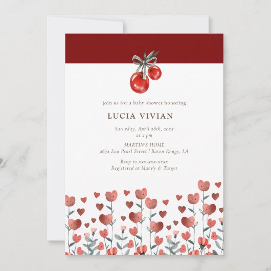水彩ハートフローラ赤さくらんぼ招待状 招待状 (正面)