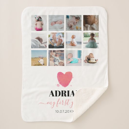 水彩ハートベビー初年度フォトコラージュ シェルパブランケット (正面)