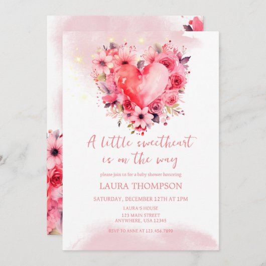 水彩ハートリトルスウィートベビーシャワー 招待状 (正面/裏面)