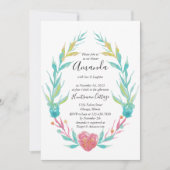 水彩ハート及びフローラフレームブライダルシャワー 招待状 (正面)