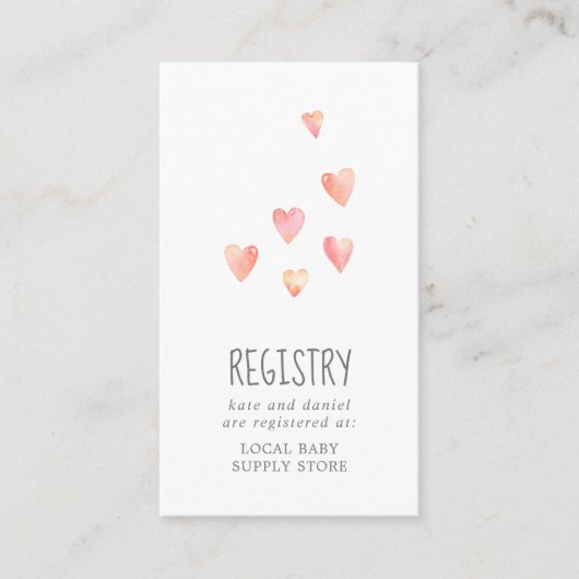 水彩ハート女の子ベビーシャワーギフトレジストリ エンクロージャーカード (正面)
